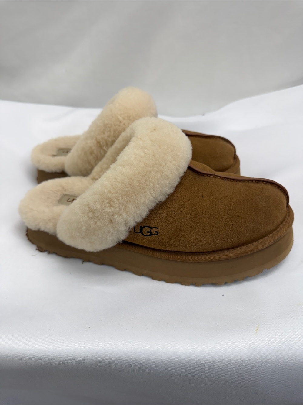 UGG Chestnut Brown Suede Shearling Clog Mules